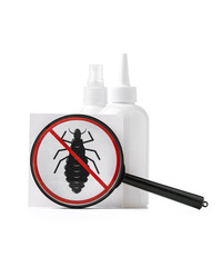 Cosmetic products, lice comb and magnifying glass isolated on white