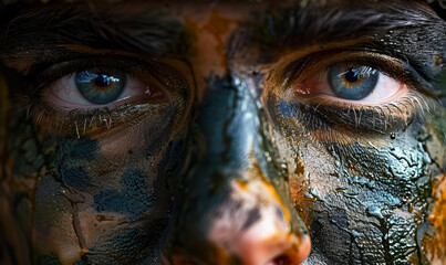 Intense Close-up Portrait of a Man with Camouflage Face Paint, Highlighting Piercing Blue Eyes and Emotive Expression, Symbolic of Military Stealth and Survival