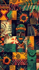 Fototapeta premium A colorful collage of African art featuring a man with a mask and a sunflower