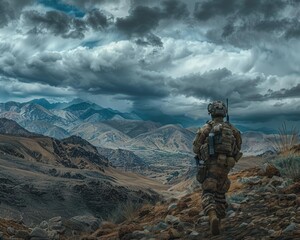 A lone soldier on patrol in a rugged mountainous terrain