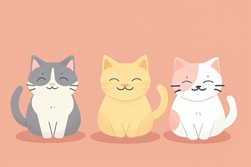 Fototapeta premium Three cats are sitting on a pink background, all of them smiling