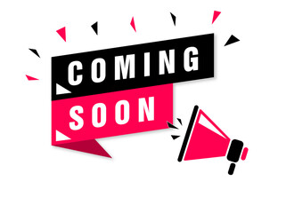 Male hand holding megaphone with Coming soon speech bubble. Loudspeaker. Banner for business, marketing and advertising. Vector illustration.