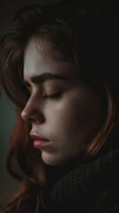 Fototapeta premium A beautiful woman with long red hair and brown eyes is looking down with her eyes closed. AI.