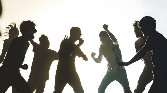 Silhouette of anonymous people on a white background fighting and being rude  They are expressing anger with violence and confronting in an aggressive manner : Generative AI