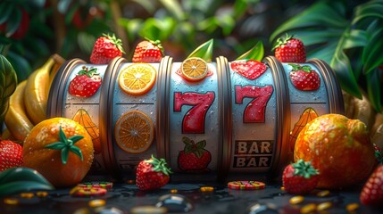 3D modern cartoon representation of plum, banana, pear, orange, lemon, and strawberry 3D modern design used for online casino gambling.