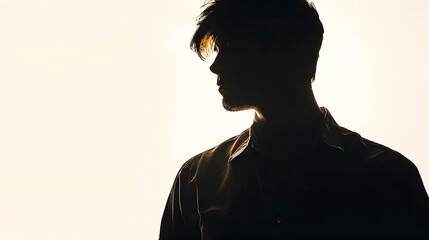 Silhouette of young man portrait in shirt with hand on studio isolated white background Close up : Generative AI