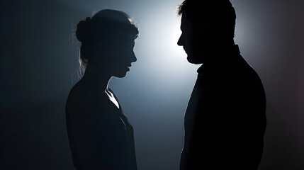 Silhouette of woman mistreated by man on dark background : Generative AI