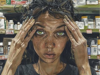 Ultracalistic drawing of a young multi-ethnic woman with sad green eyes touching her temples and suffering from a headache, buying medicine at a pharmacy