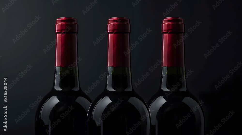 Poster Three bottles of red wine dark glass bottle without label mock up black background with copy paste : Generative AI