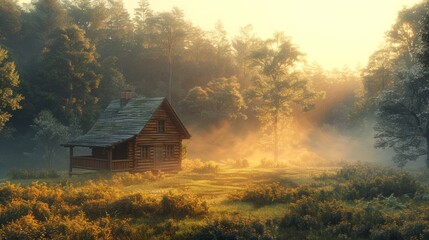 Enchanted sunrise over a secluded forest cabin