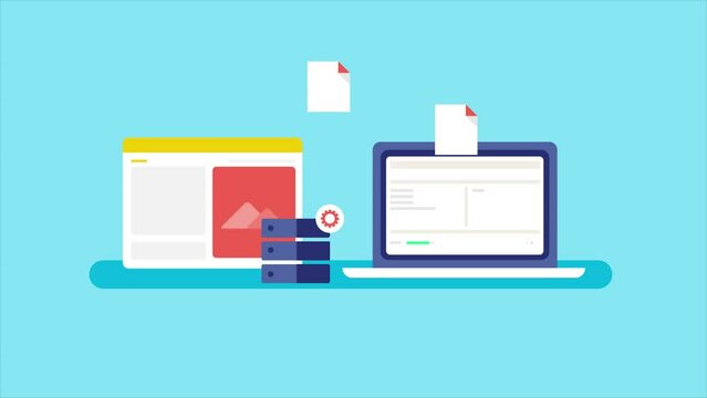 Website migration, transferring domain data to new server using FTP, cloud service technology video animation.