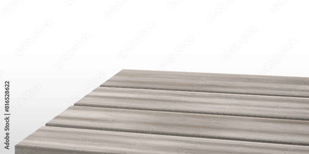 Poster grey wood table top surface with corner angle view on white background. realistic 3d vector illustra