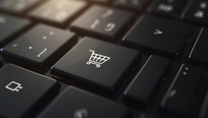 Close-up image of a keyboard with focus on the button displaying a shopping cart icon, symbolizing the convenience and accessibility of online shopping.