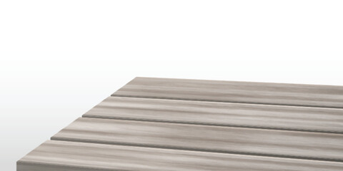 Grey wood table top surface with corner angle view on white background. Realistic 3d vector illustration of empty rustic kitchen wooden desk. Textured countertop board for product presentation.
