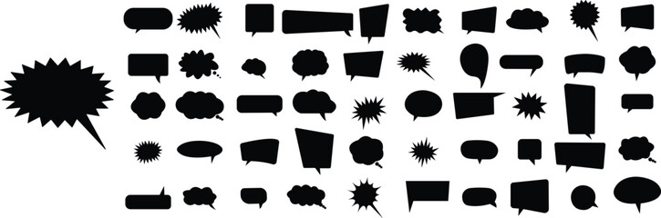 Set of Dialogue balloon stickers. Talk bubble speech icons. Chat on Filled symbols template. Black fill bubbles vectors illustrations designs elements Silhouette isolated on transparent background.