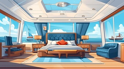 Luxury yacht cabin flat design front view nautical decor theme cartoon drawing vivid