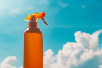 orange blank sunscreen spray bottle blue sunny sky in the background