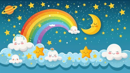Moon, rainbow, cloud, planet, and star clipart for baby room decoration in boho style, a cartoon set of moon and stars.
