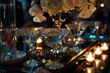 a close up of two martini glasses on a table