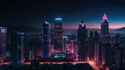 Futuristic city with skyscrapers and high-rise buildings, Spectacular nighttime in cyberpunk city of the futuristic fantasy world features skyscrapers and neon lights