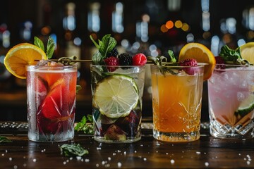 a row of glasses filled with different types of drinks