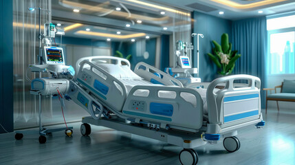 Hospital bed in the hospital room. Concept hospital hospital rest and care for patients healthcare