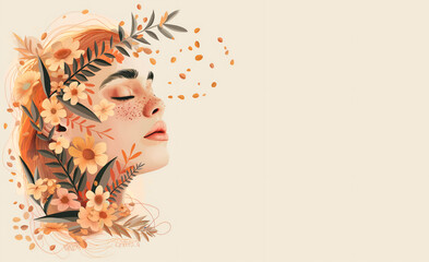 Aesthetic illustration of beautiful young women's face with floral elements | High Quality