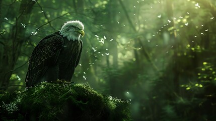 Amidst a forest of emerald green, a bald eagle rests on a moss-covered rock, its stoic demeanor a testament to the untamed wilderness it calls home, 