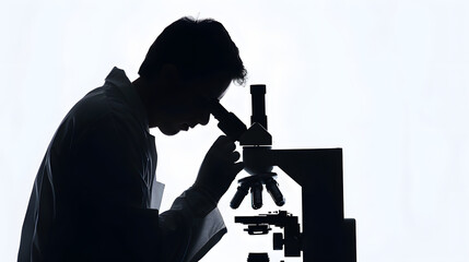 Silhouette of male scientist with microscope on white background : Generative AI