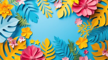 colorful leaves on copy space blue background, summer season concept