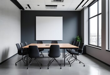 Office meeting room interior with chairs and table, open space, Mockup wall, and window.