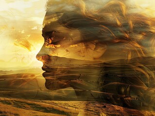 A surreal depiction of a womans face merging with a landscape, her hair flowing into rolling hills, sun setting in her eyes, digital surrealism