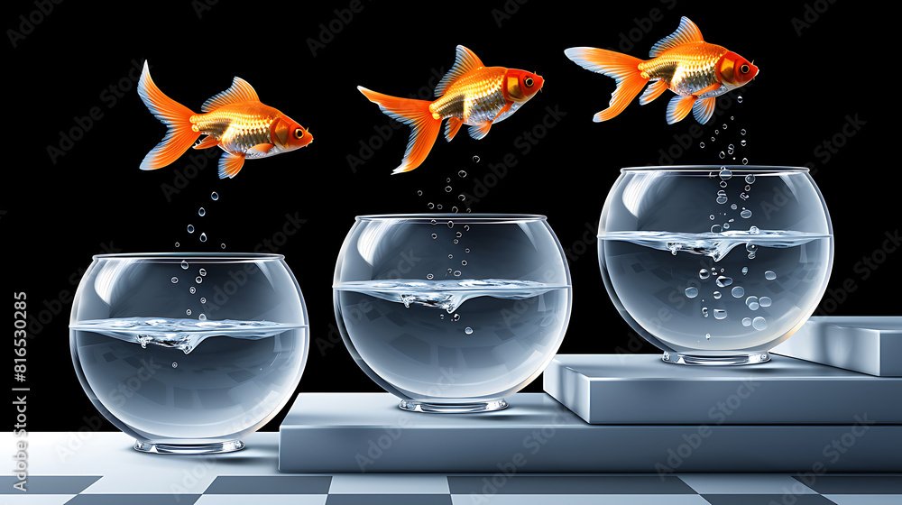 Wall mural goldfish jumping from one fishbowl to another in an aquarium with clear water against a light