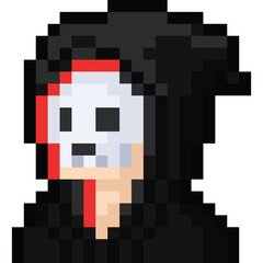 Pixel art cartoon portriat man with the skull mask icon