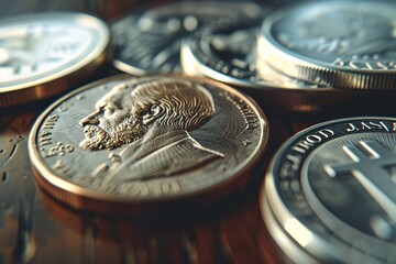 coins on desk, ultra realistic detailed image, USD coins