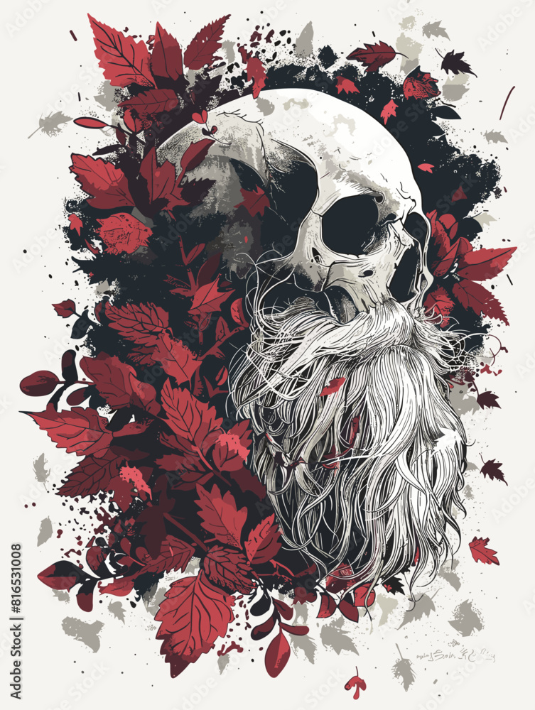 Poster a skull with a beard is surrounded by red leaves. the skull is positioned in the center of the image