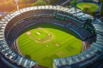 drone shot of a crowded cricket stadium at Day, ultra realistic detailed image 