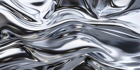 abstract background in the style of liquid metal, chrome texture with flowing waves, shiny and reflective silver surface.