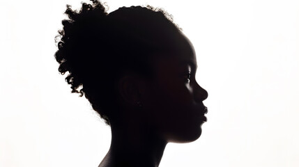 one mixed race african young teenager girl woman serious portrait in studio shadow silhouette isolated on white background : Generative AI