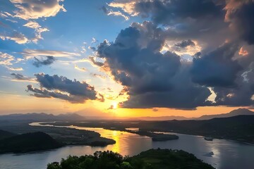 https://s.mj.run/LQFZb2VLFqg sunset in mountains with clouds and river wide angle image 