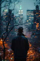 Naklejka premium Man standing with back turned in the foreground