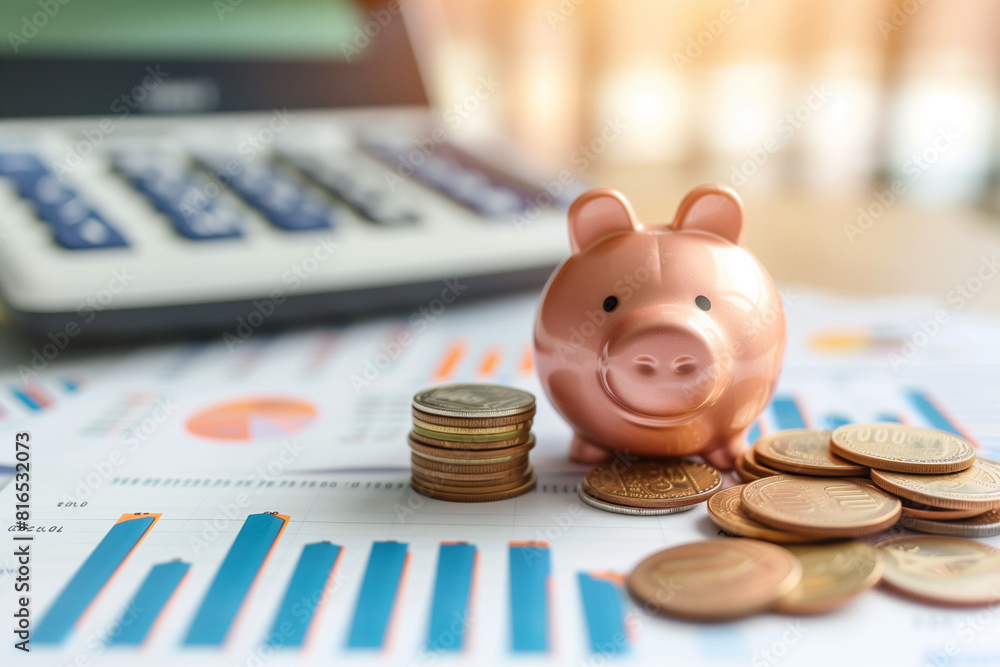 Poster a piggy bank sits on a table next to a calculator and a pile of coins. the piggy bank is smiling, su