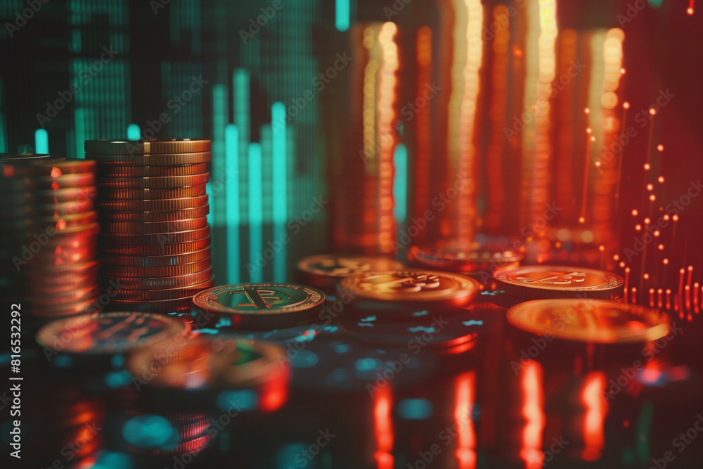 Poster a pile of coins on a table with a graph in the background. the coins are stacked in a pyramid shape,