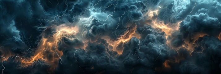 A terrible dangerous storm with a strong wind swirls thunderclouds with fabulous twists, a thunderstorm with lightning flies. panoramic background