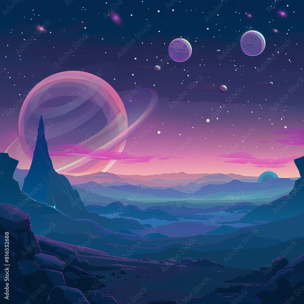 Poster tranquility of a cosmic landscape with a vector scene illustrating a serene view of distant planets 
