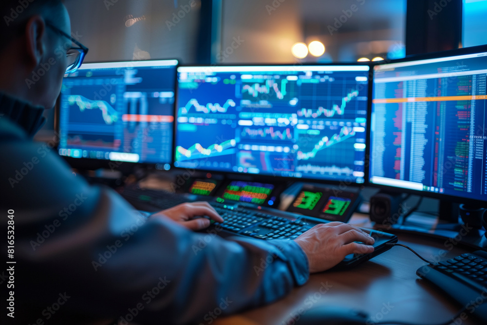 Poster a man is sitting in front of a computer monitor with multiple screens displaying financial data. he 
