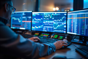 A man is sitting in front of a computer monitor with multiple screens displaying financial data. He is typing on a keyboard, possibly working on a financial report or analyzing market trends