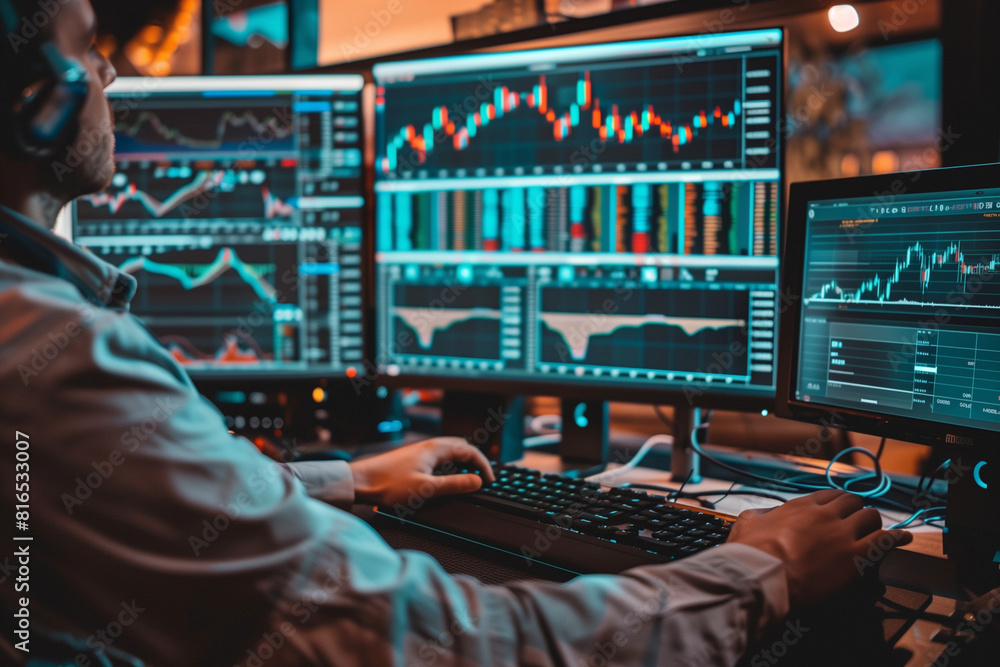 Poster a man is sitting in front of a computer monitor with multiple screens displaying financial data. he 