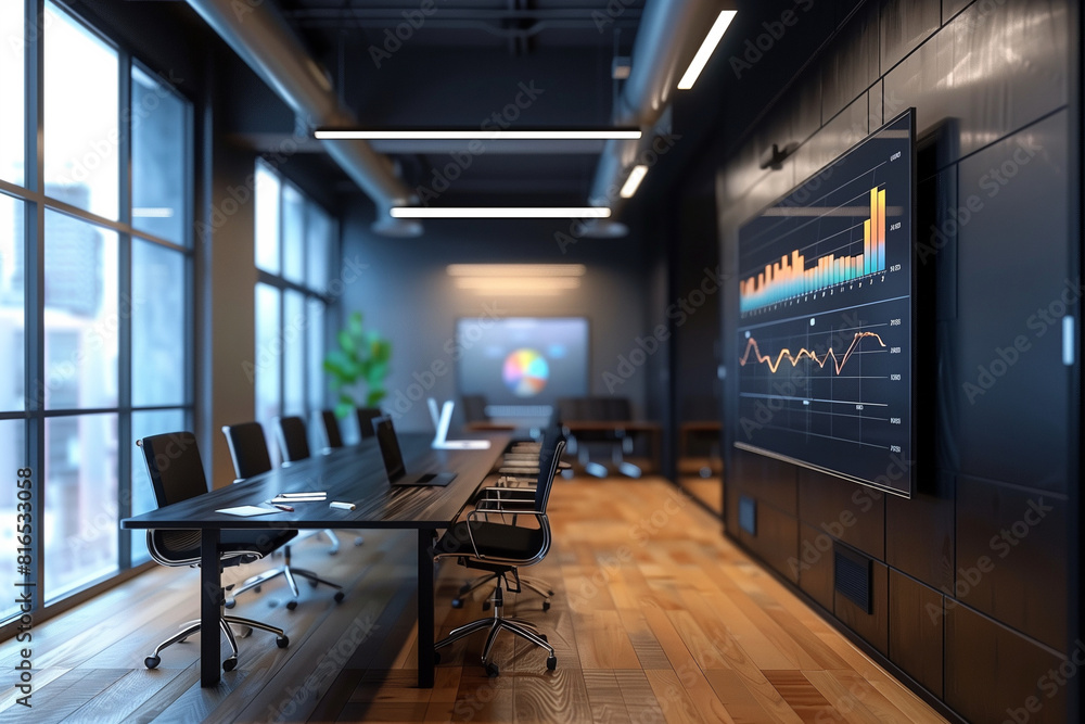 Poster a conference room with a large screen displaying graphs and charts. the room is furnished with black