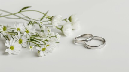 2 rings on a white flower on the left side of a blank white background, for wedding card design or invitation template